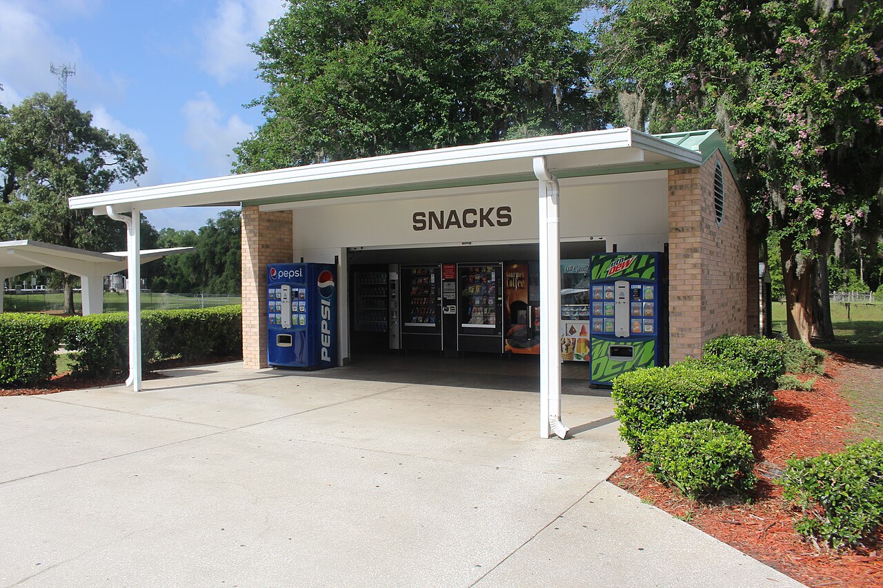 Snack and drink vending machines in a public rest area